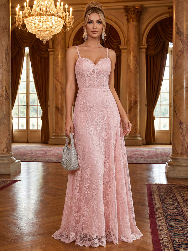 Spaghetti Straps Lace Sleeveless Floral Evening Dresses