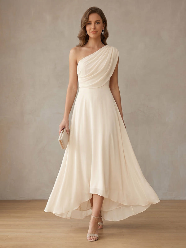 One-Shoulder Chiffon Asymmetrical Ankle-Length Formal Dress