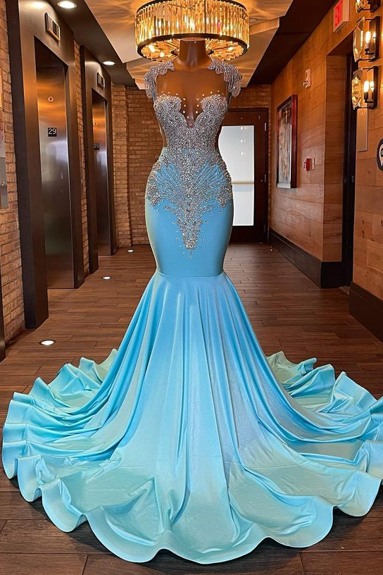 Biztunnel Mermaid Blue V-neck Sleeveless Long Evening Dress With Rhinestones