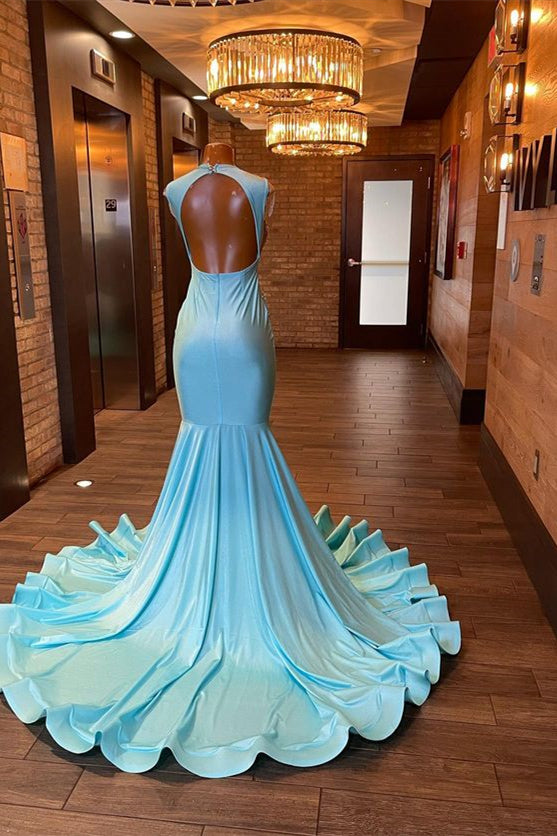 Biztunnel Mermaid Blue V-neck Sleeveless Long Evening Dress With Rhinestones