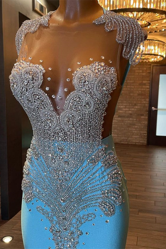 Biztunnel Mermaid Blue V-neck Sleeveless Long Evening Dress With Rhinestones