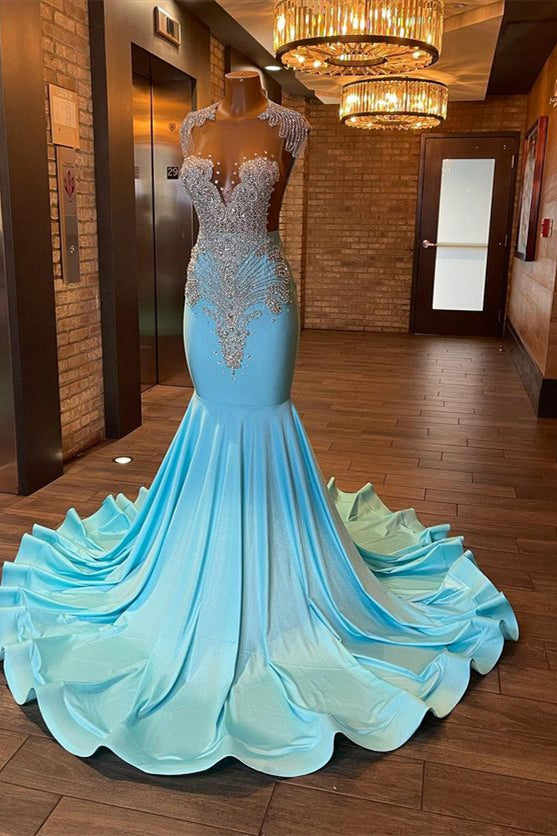 Biztunnel Mermaid Blue V-neck Sleeveless Long Evening Dress With Rhinestones