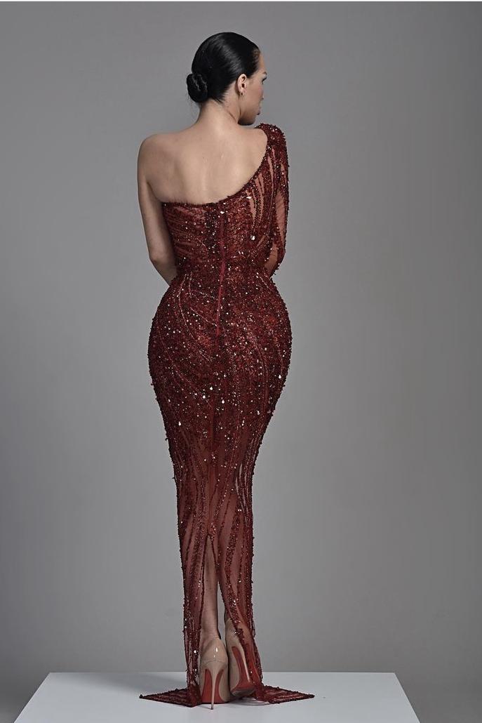 Biztunnel Mermaid One Shoulder Sequined Evening Dress with Beadings
