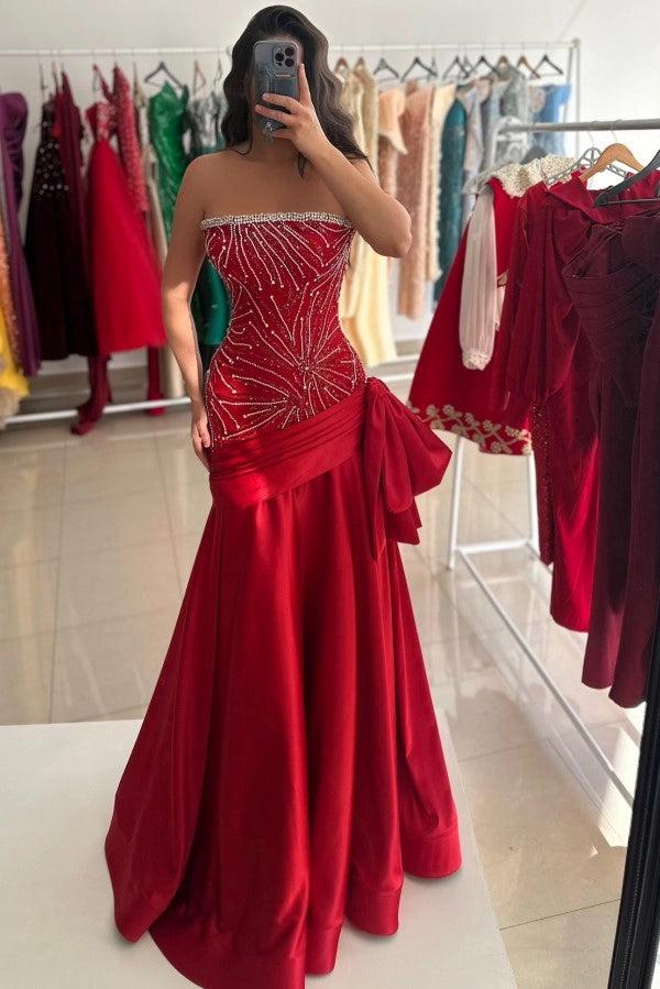 Biztunnel Mermaid Red Beading Satin Prom Dress Strapless Sleeveless with Bow