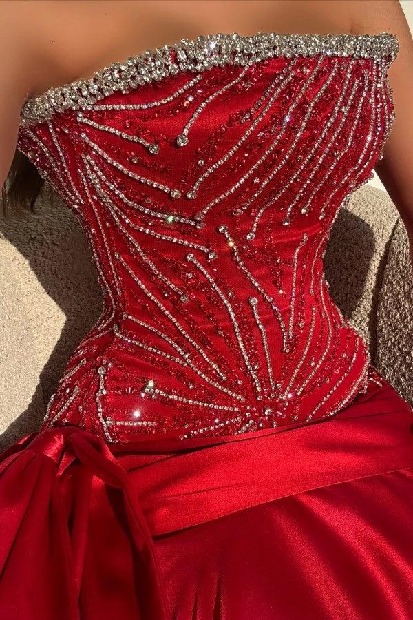 Biztunnel Mermaid Red Beading Satin Prom Dress Strapless Sleeveless with Bow