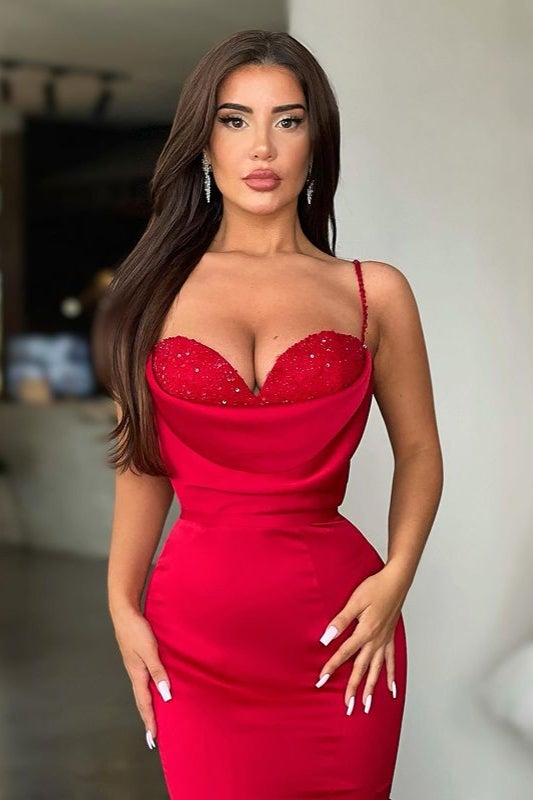 Biztunnel Mermaid Red Spaghetti-Straps Prom Dress with Beads