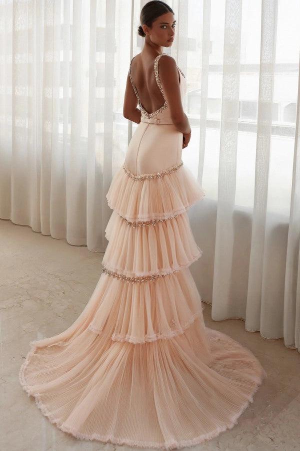 Biztunnel Mermaid Ruffled Square-neck Long Evening Dress with Rhinestones