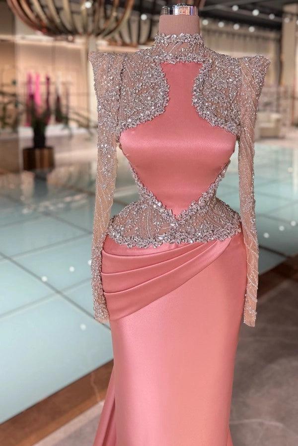 Biztunnel Mermaid Satin Long Sleeves Evening Dress with Rhinestones