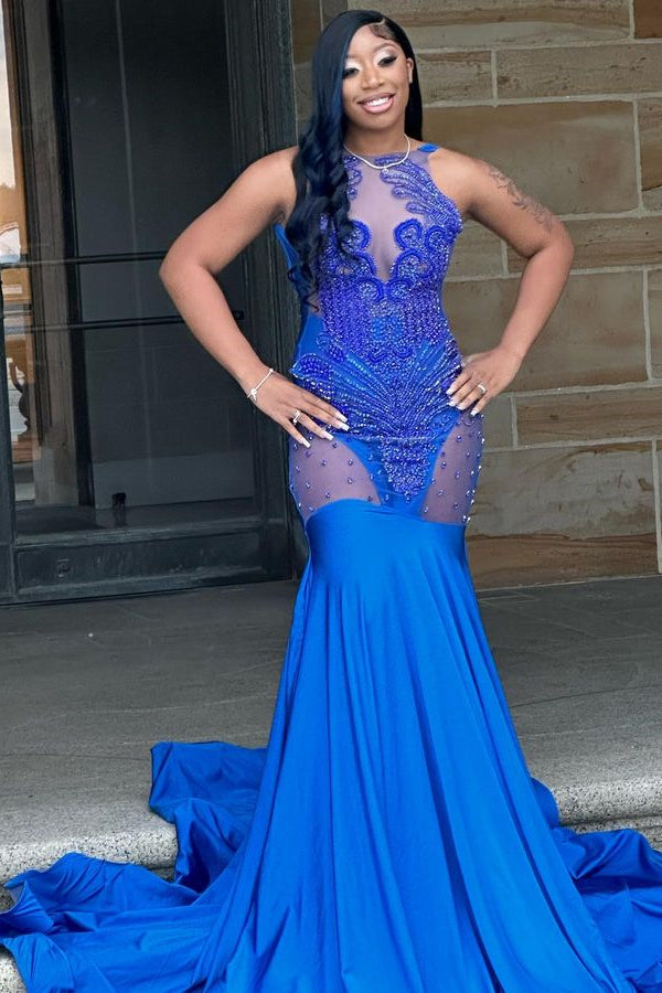 Biztunnel Mermaid Sleeveless Tulle Beaded Long Evening Dress with Appliques