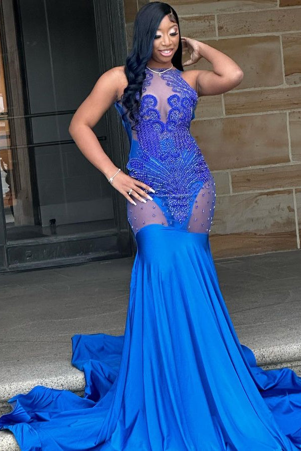 Biztunnel Mermaid Sleeveless Tulle Beaded Long Evening Dress with Appliques