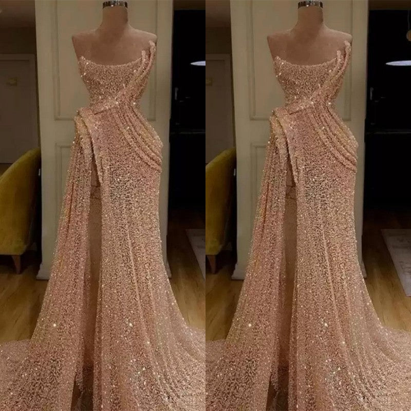 Biztunnel Mermaid Strapless Sequins Long Prom Dress with Split