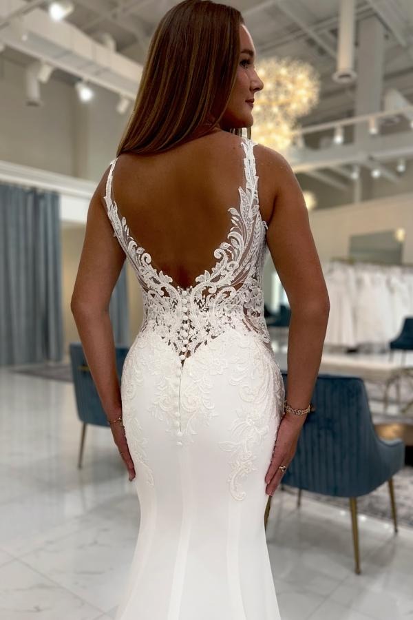 Long Mermaid V-neck Satin Lace Backless White Wedding Dresses Long Mermaid V-neck Satin Lace Backless White Wedding Dresses