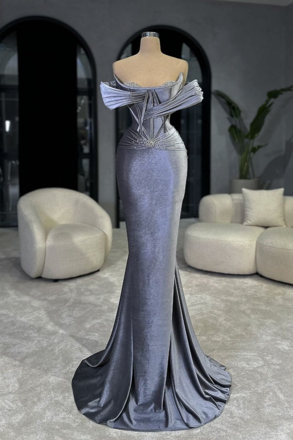 Biztunnel Off-the-Shoulder Mermaid Velvet Formal Dress with Rhinestones
