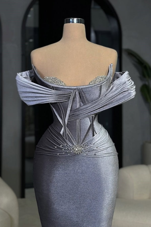 Biztunnel Off-the-Shoulder Mermaid Velvet Formal Dress with Rhinestones