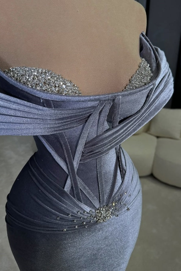 Biztunnel Off-the-Shoulder Mermaid Velvet Formal Dress with Rhinestones