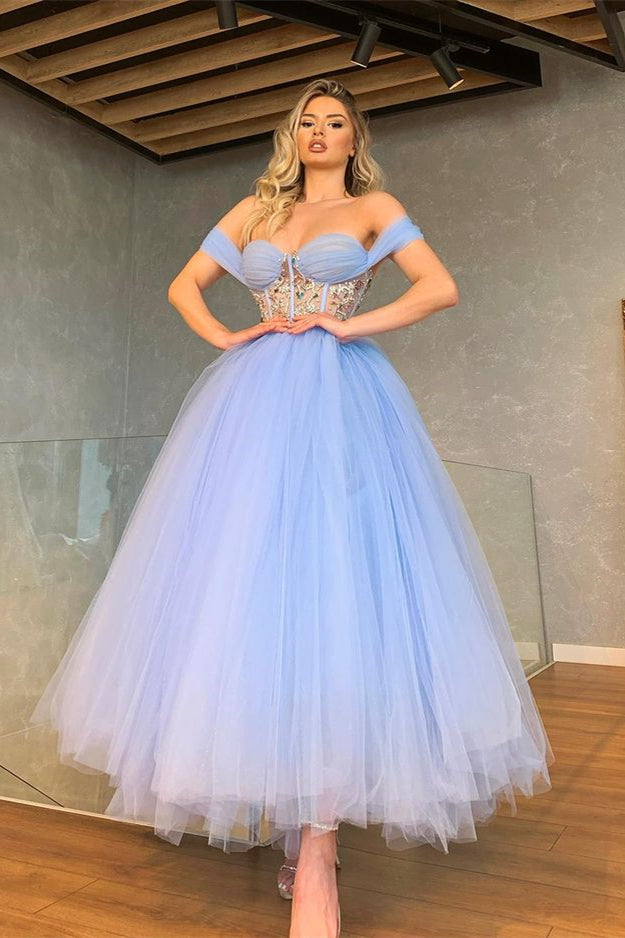 Biztunnel Off-the-Shoulder Tulle Sweetheart A Line Prom Dress with - Crystal