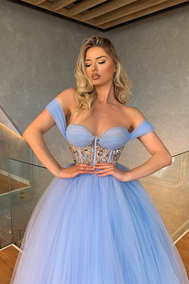 Biztunnel Off-the-Shoulder Tulle Sweetheart A Line Prom Dress with - Crystal