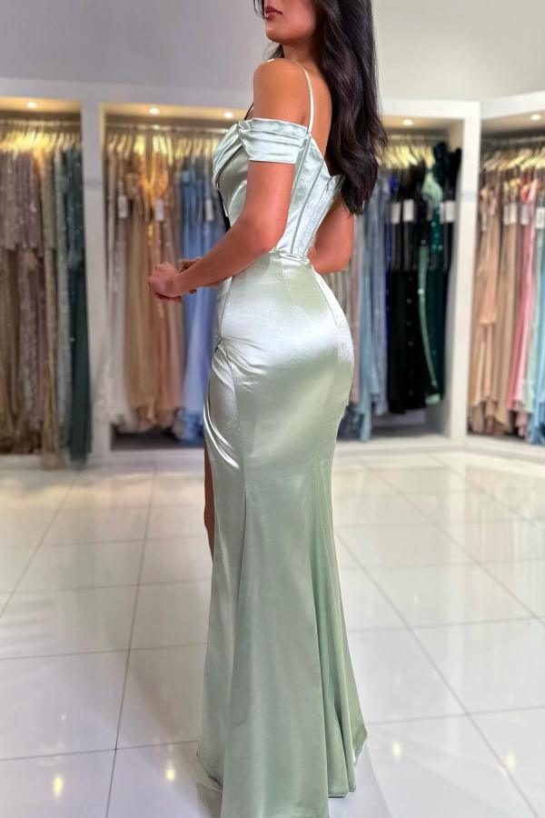 Charming Floor-Length Off-The-Shoulder Satin Mermaid Prom Dresses with Split