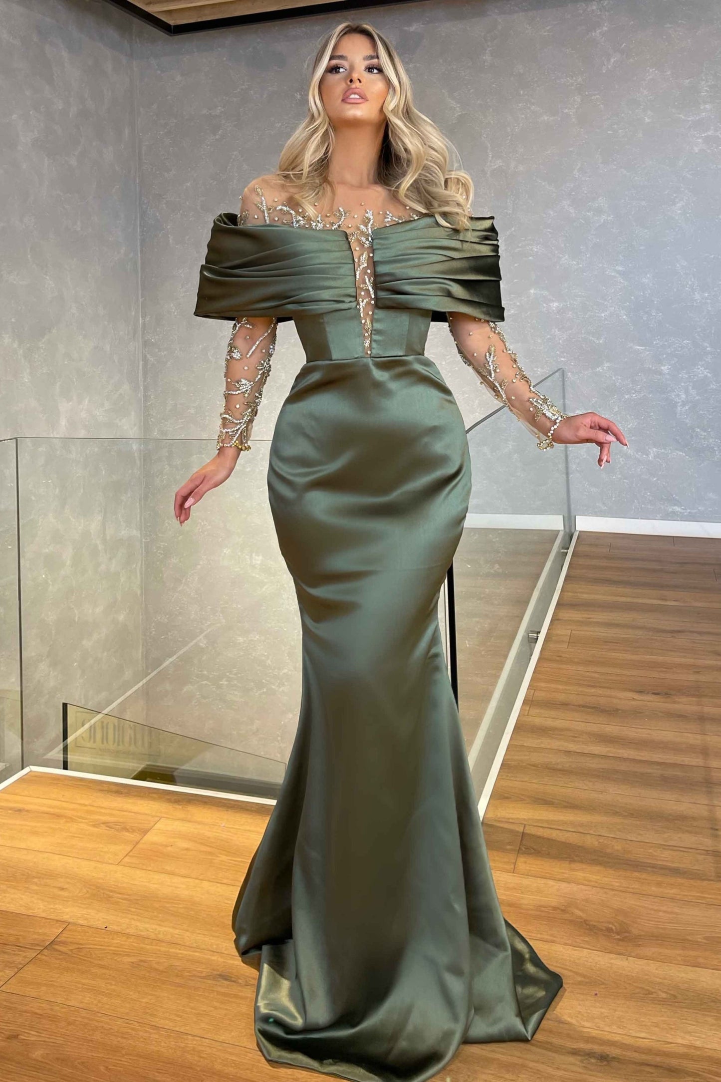 Biztunnel Off-the-shoulder Lace Long Sleeves Mermaid Prom Dress with Beadings