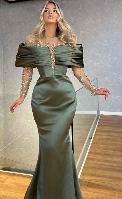 Biztunnel Off-the-shoulder Lace Long Sleeves Mermaid Prom Dress with Beadings