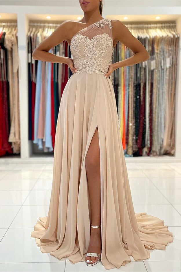 Biztunnel One Shoulder Chiffon High-Slit Prom Dress with Appliques