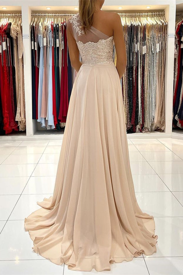 Biztunnel One Shoulder Chiffon High-Slit Prom Dress with Appliques