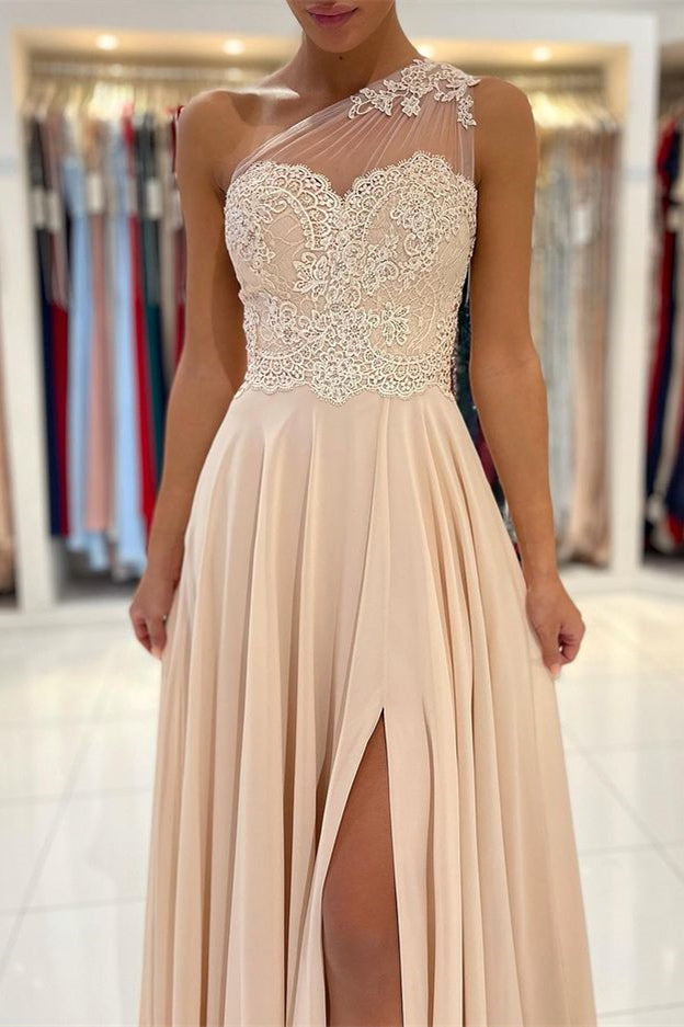 Biztunnel One Shoulder Chiffon High-Slit Prom Dress with Appliques