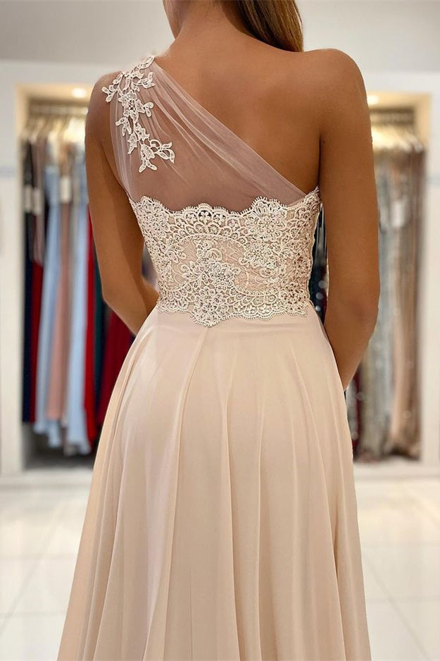 Biztunnel One Shoulder Chiffon High-Slit Prom Dress with Appliques