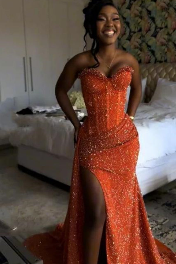 Biztunnel Orange Sweetheart Long Mermaid High-split Prom Dress with Drape