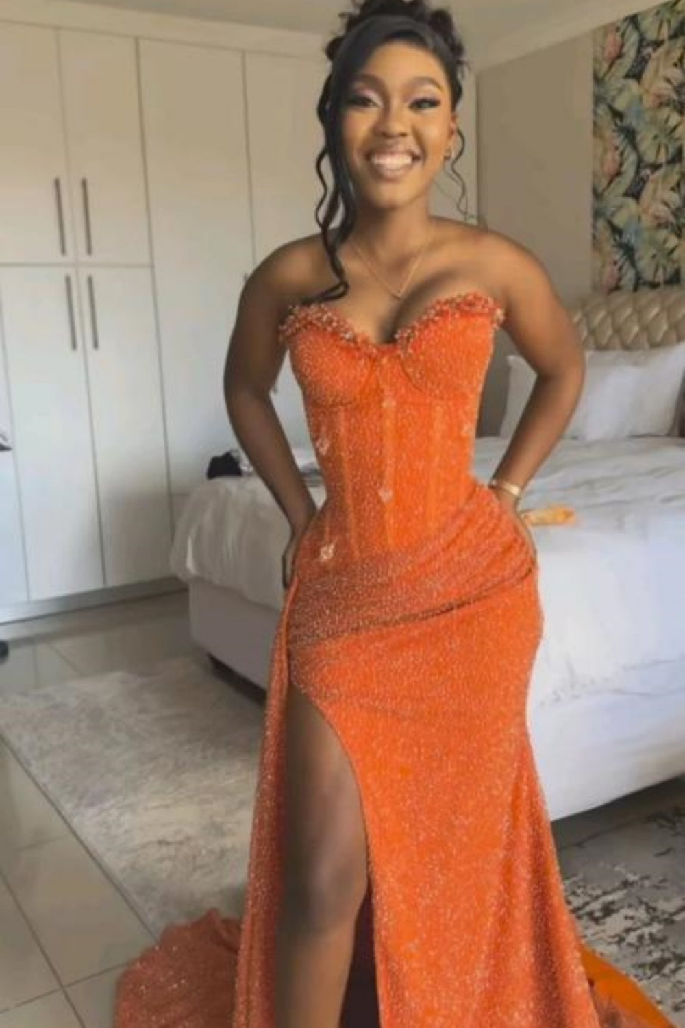 Biztunnel Orange Sweetheart Long Mermaid High-split Prom Dress with Drape