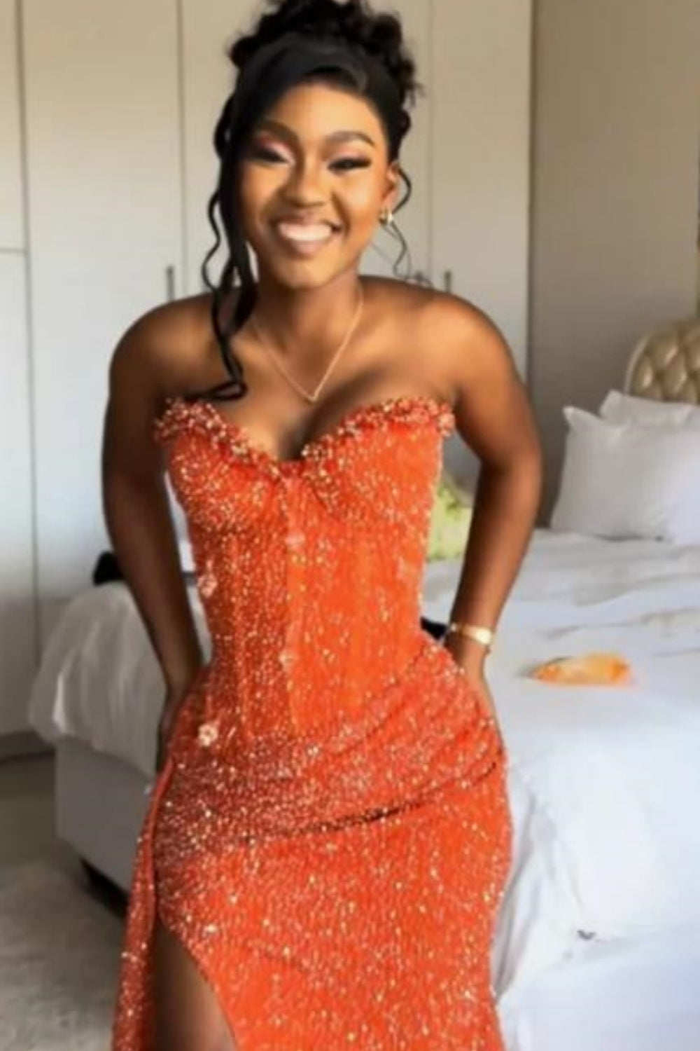 Biztunnel Orange Sweetheart Long Mermaid High-split Prom Dress with Drape