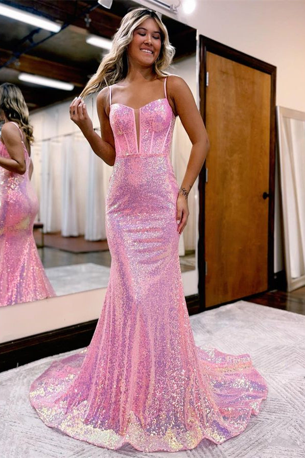 Biztunnel Pink Sequined Spaghetti Strap Mermaid Long Evening Dress