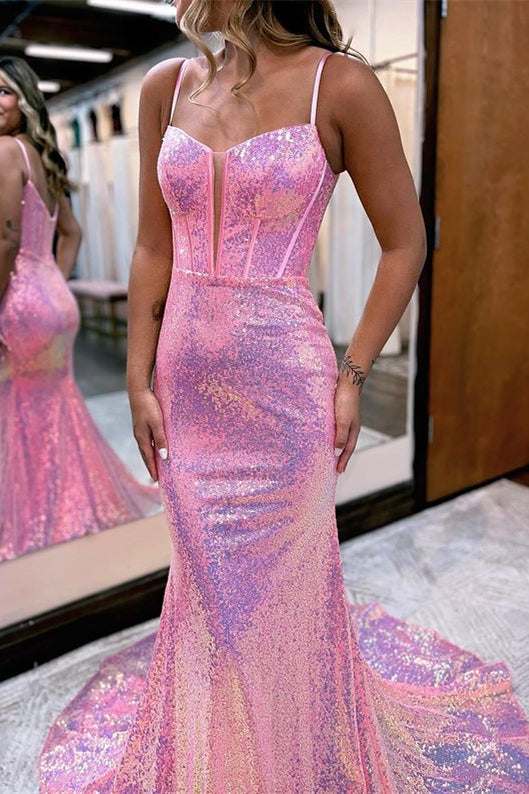 Biztunnel Pink Sequined Spaghetti Strap Mermaid Long Evening Dress