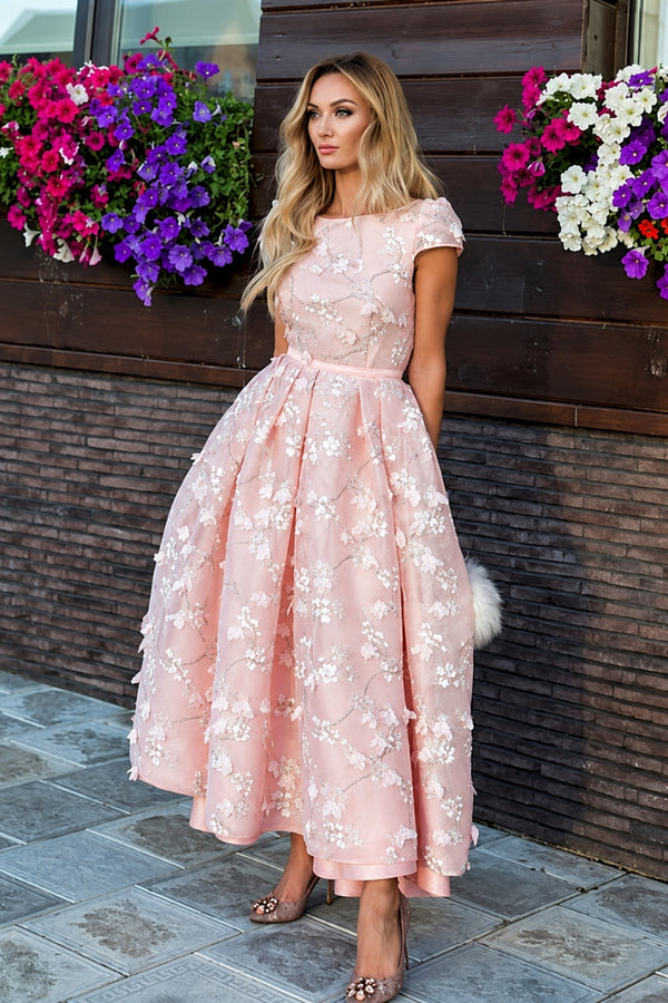 Pink Short Flowers Jewel A-Line Tea-length Prom Dresses