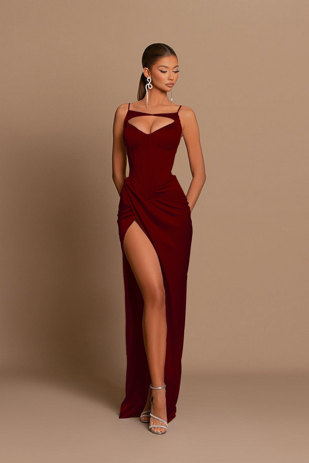 Biztunnel Purple Cutout-neck Satin Spaghetti-Straps Evening Dress with High Split