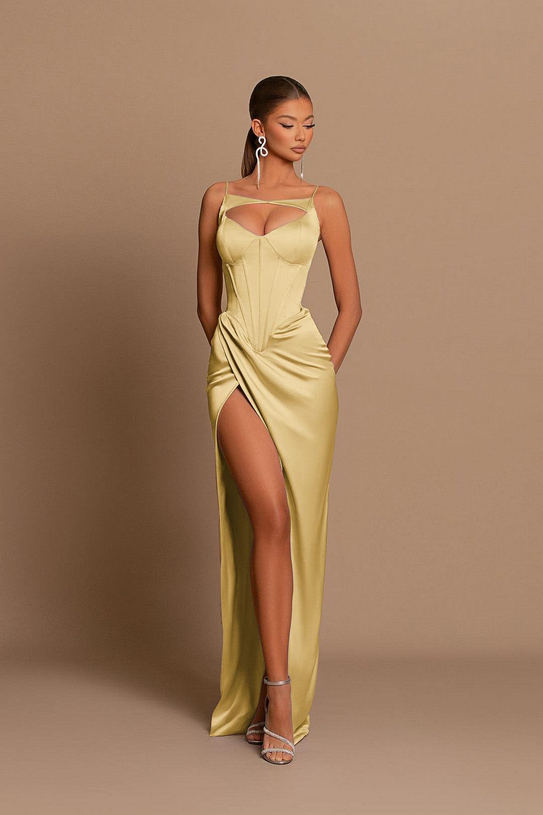 Biztunnel Purple Cutout-neck Satin Spaghetti-Straps Evening Dress with High Split