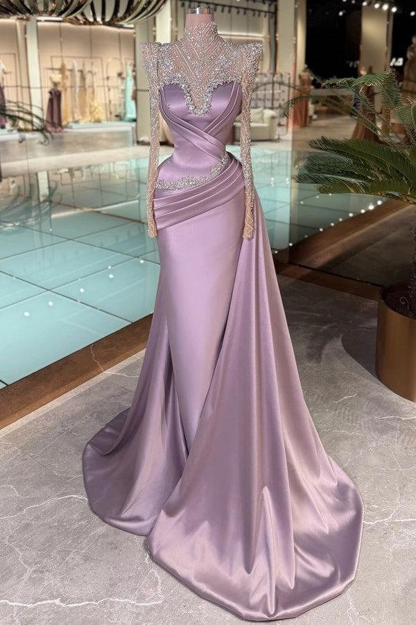 Biztunnel Purple Mermaid Long Sleeves Long Formal Dress with Rhinestones