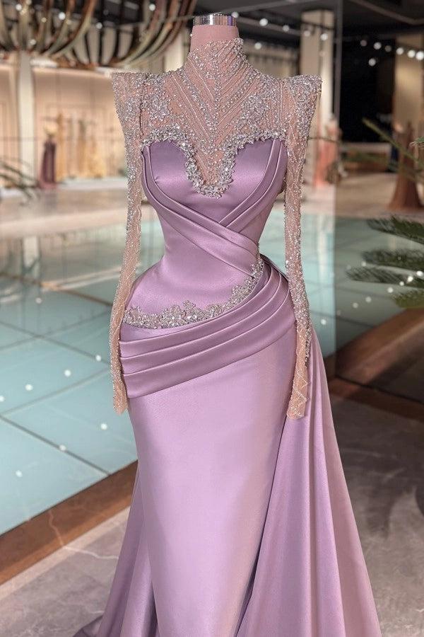 Biztunnel Purple Mermaid Long Sleeves Long Formal Dress with Rhinestones