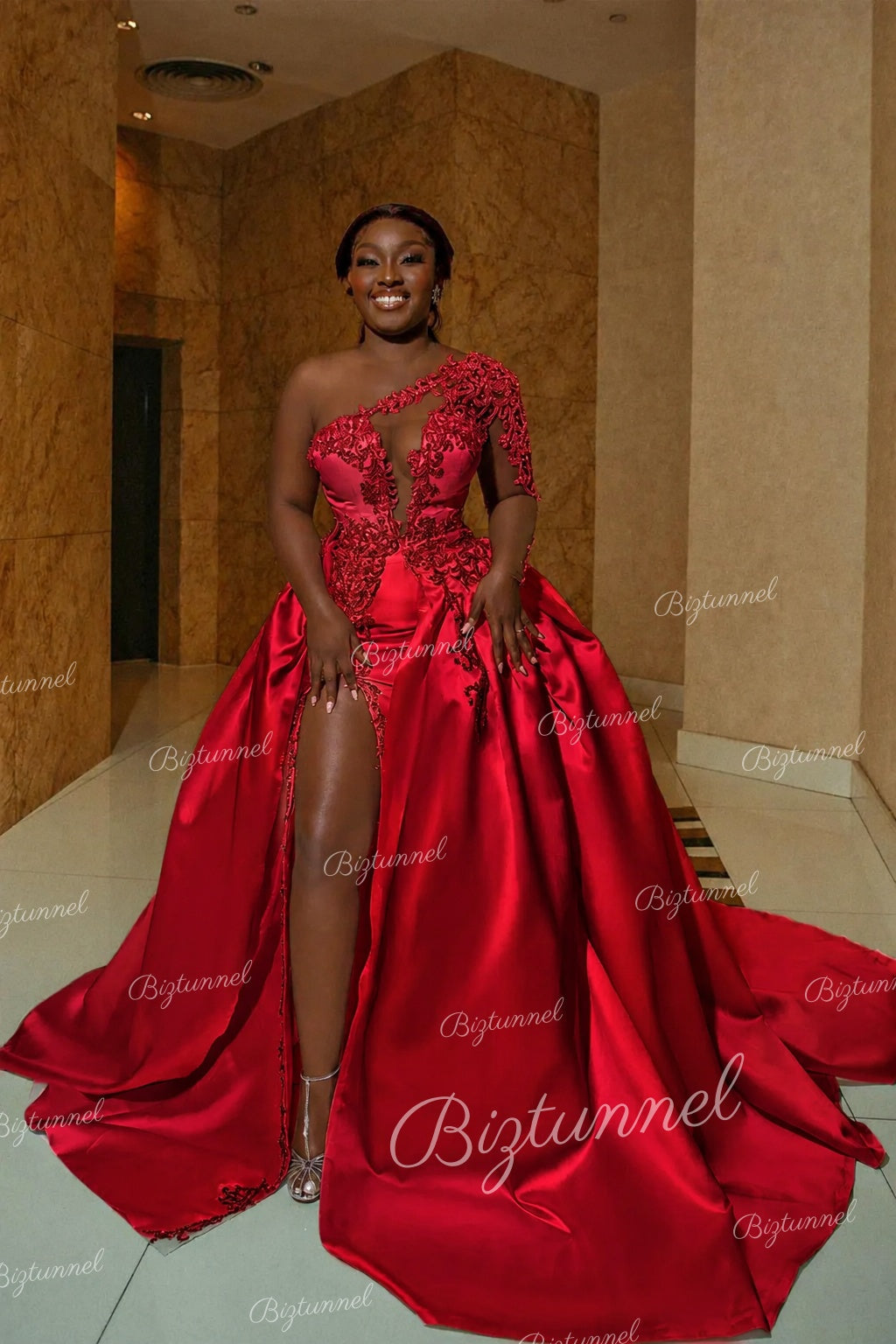 Red Biztunnel Gorgeous Long A-line Satin Wedding Dress with Slit