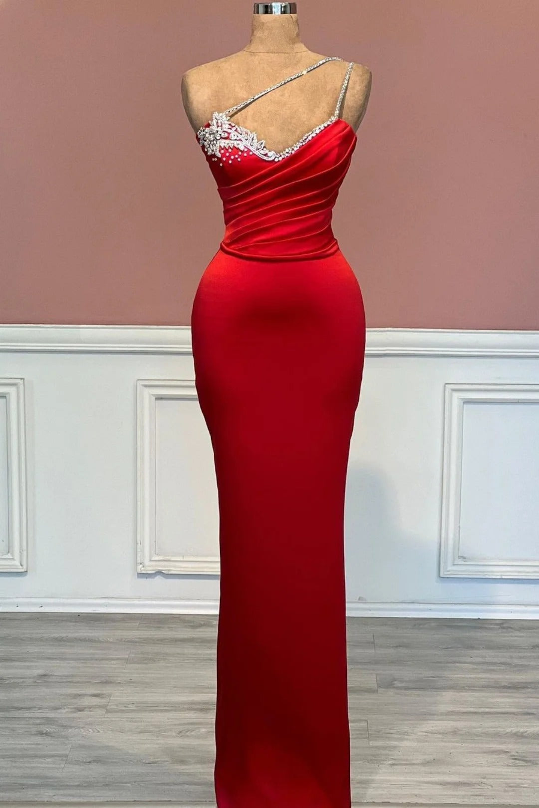 Red Long Mermaid One Shoulder Satin Prom Dress With Beadings Sleeveless