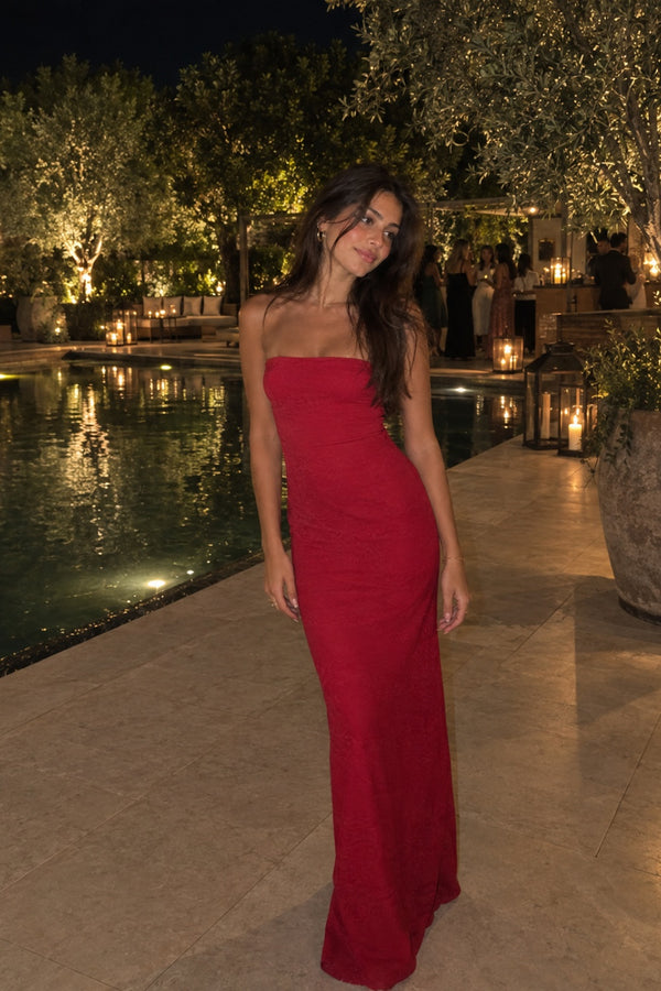 Red Strapless Long Formal Dress with Lace Detail