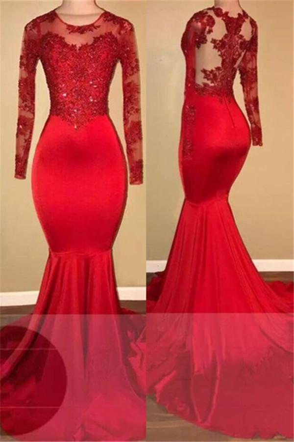 Biztunnel Red Long Sleeves Mermaid Long Prom Dress with Appliques