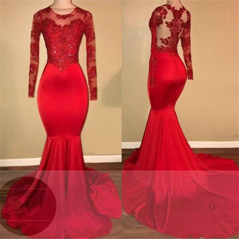 Biztunnel Red Long Sleeves Mermaid Long Prom Dress with Appliques