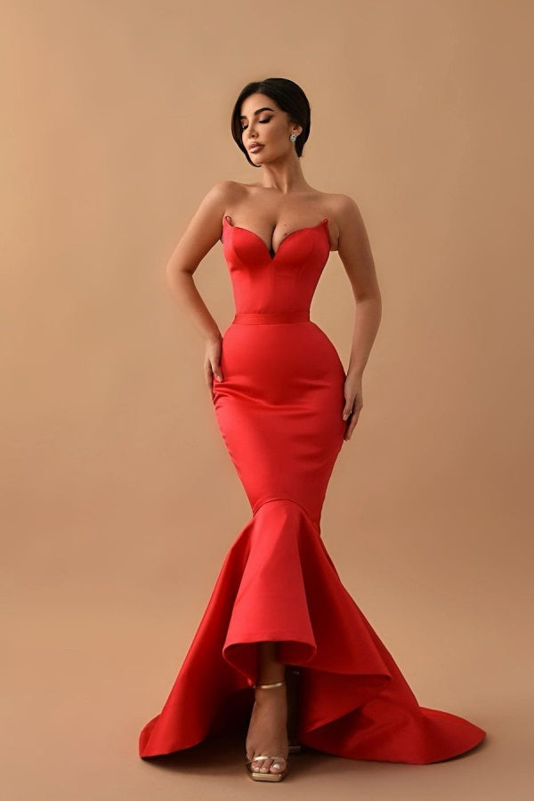 Biztunnel Red Sweetheart Sleeveless Mermaid Long Evening Dress