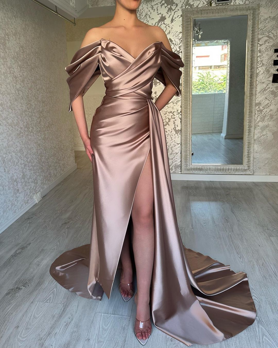 Biztunnel Rose Gold Off-the-Shoulder Puff Sleeves Mermaid Long Prom Dress with Split