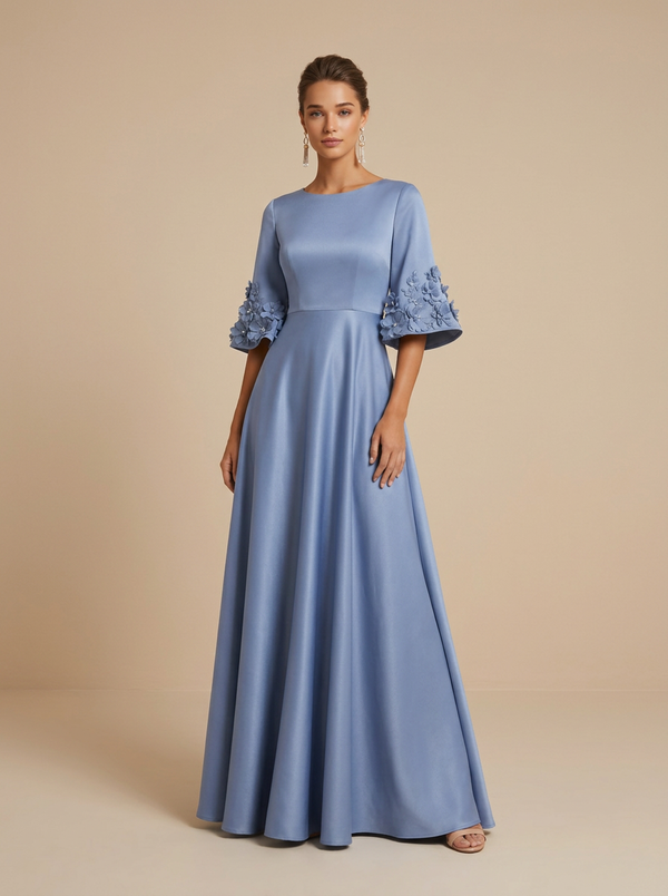 Round Neck Flared Sleeve Appliqué Satin A-Line Long Gown