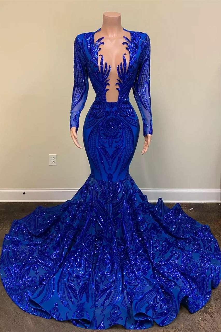 Biztunnel Royal Blue Long Sleeves Mermaid Long Prom Dress with Appliques