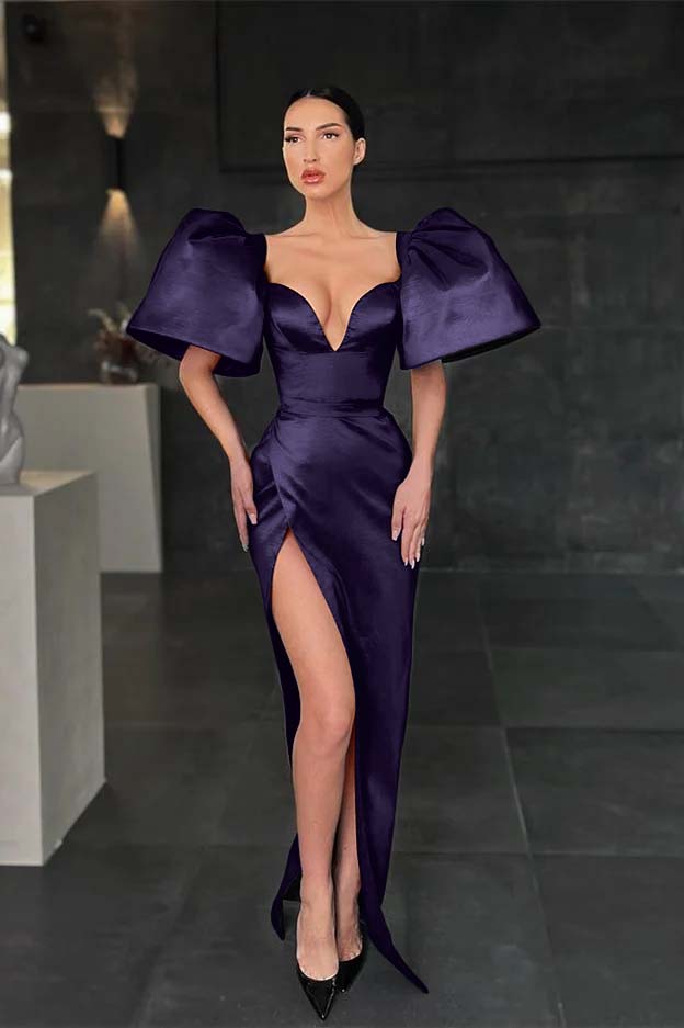 Biztunnel Royal Blue Puff Sleeves Mermaid Prom Dress with Slit