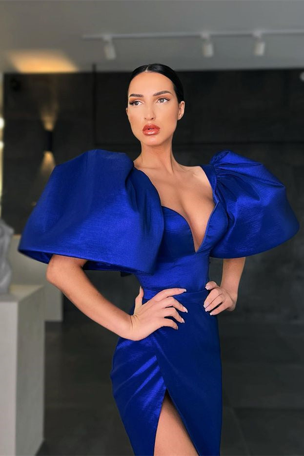 Biztunnel Royal Blue Puff Sleeves Mermaid Prom Dress with Slit