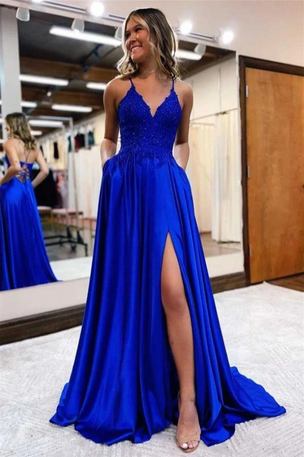 Biztunnel Royal Blue Spaghetti Strap Long A Line Prom Dress Lace-up Back with Split